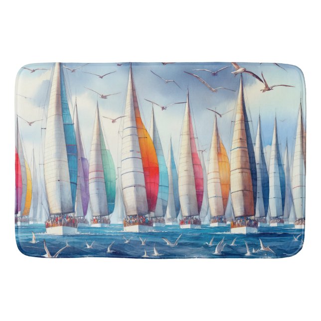 Seagulls Soaring With a Sailboat Regatta Badematte (Vorderseite)
