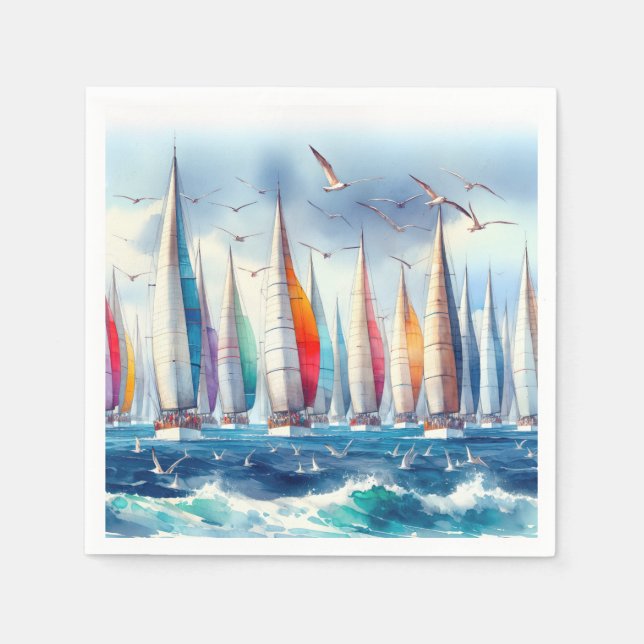 Seagulls Soaring With a Sailboat Regatta Serviette (Vorderseite)