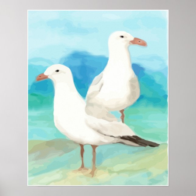 Seagulls Wasserfarbe im Beach Bird Nature Art Poster (Vorne)