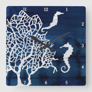 Seahorse Beach House Coral Vintage Navy Blue White Quadratische Wanduhr