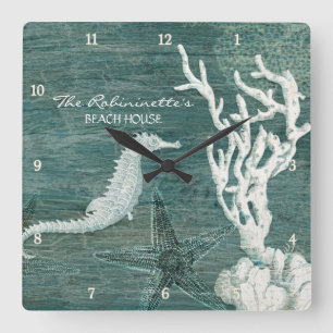 Seahorse Beach House Teal Blue Driftwood Coastal Quadratische Wanduhr