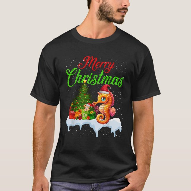 Seahorse Christmas Tree Lights Funny Xmas Seahorse T-Shirt (Vorderseite)