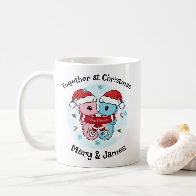 Seahorse Couple Christmas Personalized Mug Kaffeetasse (Mit Donut)