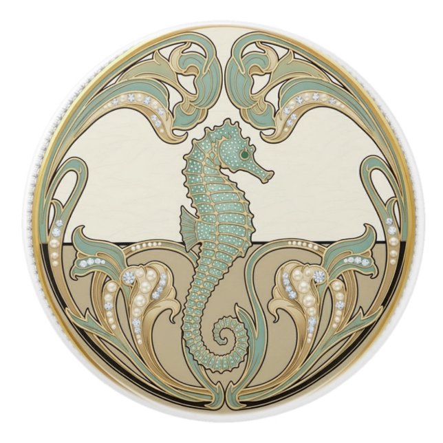 Seahorse Green Cream & Gold Art Deco Nouveau Ocean Keramikknauf (Vorderseite)