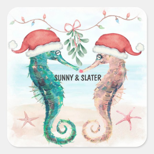 Seahorse Kiss Beach Christmas Couples Shower Quadratischer Aufkleber (Vorderseite)