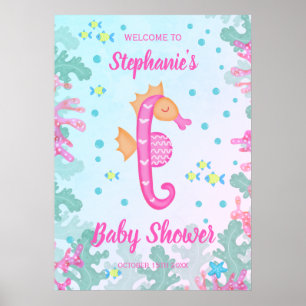 Seahorse Under The Sea Blue Baby Shower Poster