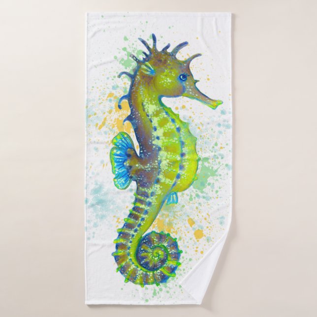 Seahorse Yellow Lime Green Splash Ink Badhandtuch Set (Badehandtuch)