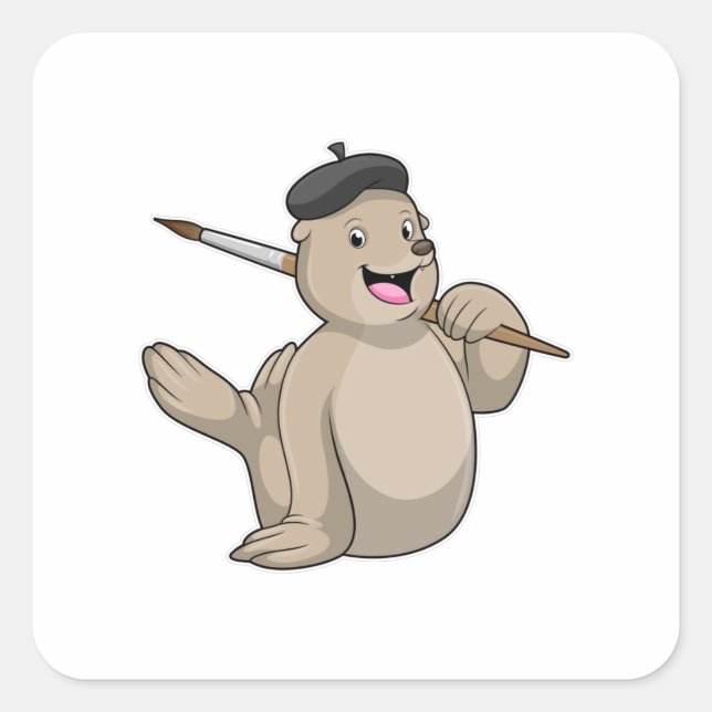 Seal as Painter with Paint brush Quadratischer Aufkleber (Vorderseite)