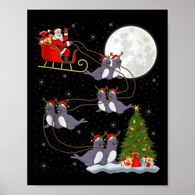 Seals Santa Sleigh Flying Funny Magical Christmas  Poster (Vorne)