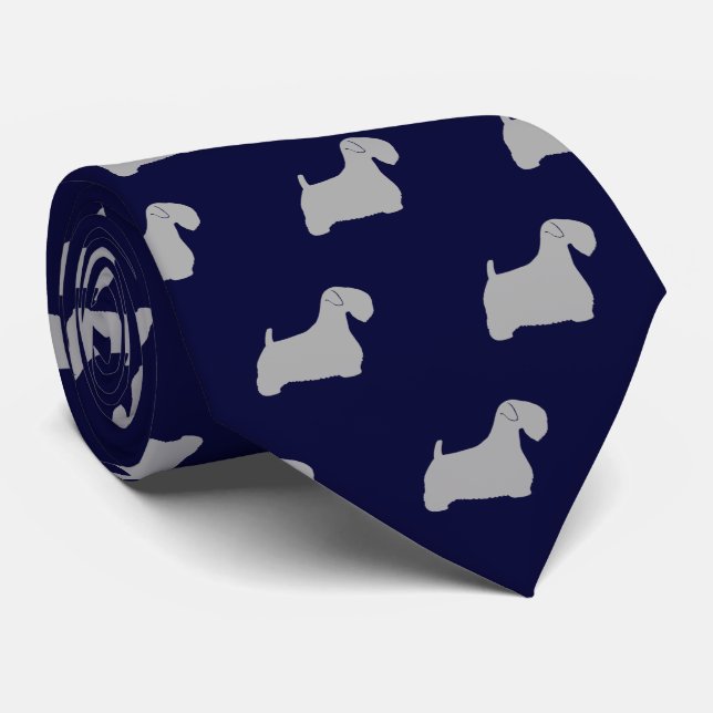Sealyham Terrier Silhouetten Pattern Blue und Grau Krawatte (Gerollt)