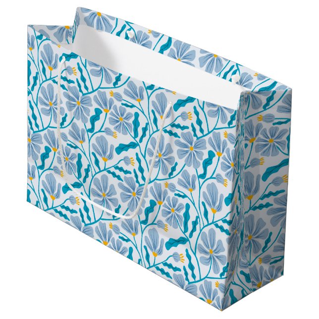 Seamless Blue Mid-Century Modern Floral Pattern Große Geschenktüte (Vorderseite Schrägansicht)