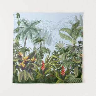 Seamless border with jungle trees and flowers. Vin Wandteppich