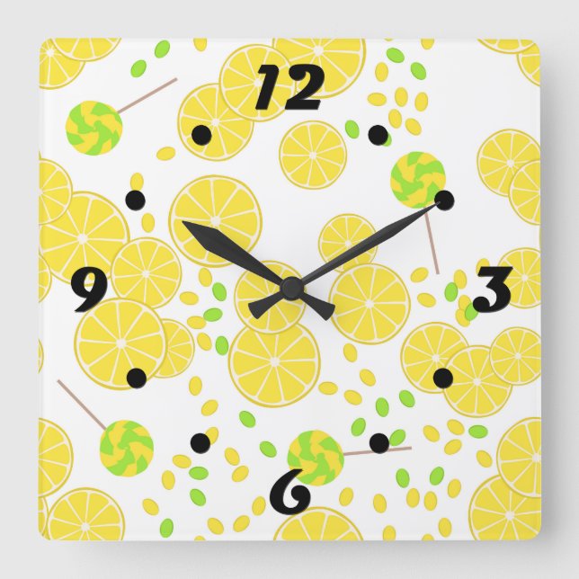 Seamless bright lemon slices candy lollipops sweet quadratische wanduhr (Vorderseite)