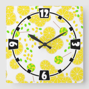 Seamless bright lemon slices candy lollipops sweet quadratische wanduhr