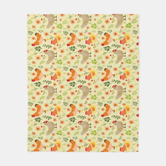 Seamless Farm Hühnchen und Blumenmuster Fleecedecke (Vorderseite)