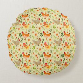 Seamless Farm Hühnchen und Blumenmuster Rundes Kissen