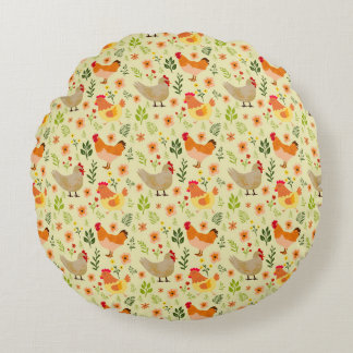 Seamless Farm Hühnchen und Blumenmuster Rundes Kissen