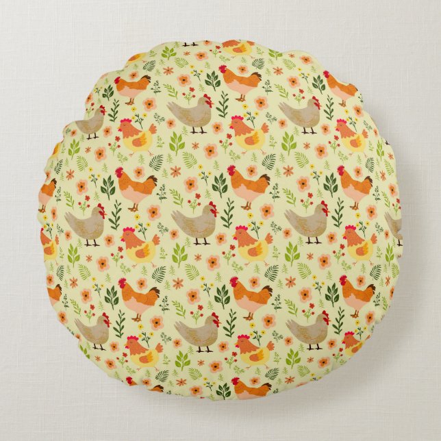 Seamless Farm Hühnchen und Blumenmuster Rundes Kissen (Vorderseite)