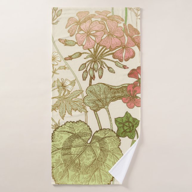 Seamless floral pattern. Green foliage,  pink gera Badehandtuch (Badehandtuch)