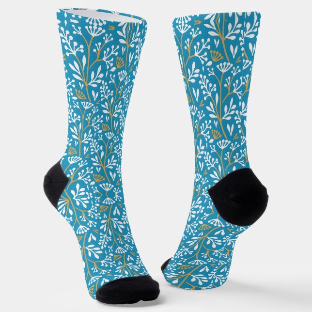 Seamless Floral Pattern: White and Gold on Blue Socken (Gewinkelt)