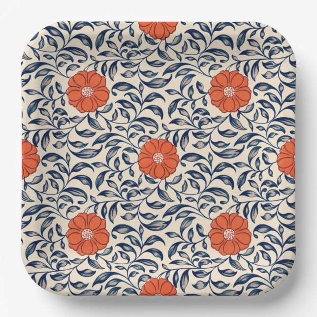 Seamless floral pattern with vibrant orange flower pappteller (Vorderseite)