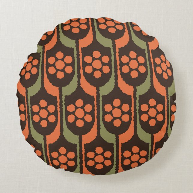 Seamless flower repeat pattern orange gold50s,60s, rundes kissen (Vorderseite)