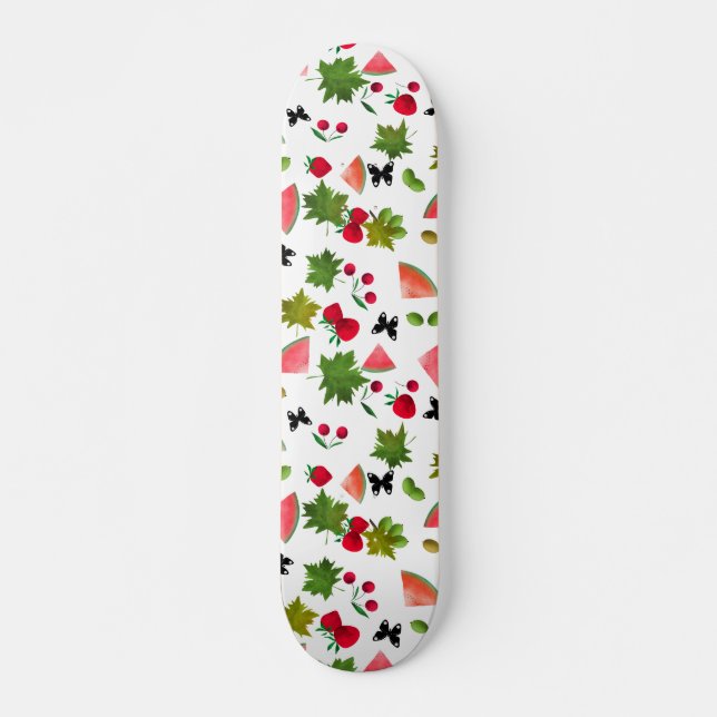 Seamless Fresh Fruits Berries Wasserfarbe Skateboard (Vorne)