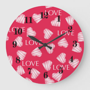 Seamless LOVE Valentines Day pink white scratch he Große Wanduhr