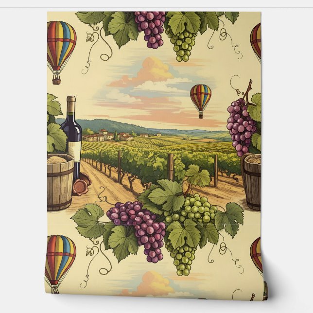 Seamless Muster Vineyard Heißluftballons Wein Tapete (Abrollen)