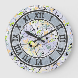 Seamless pastel spring cherry flowers green blue große wanduhr