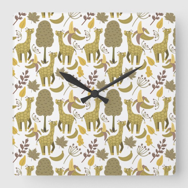 Seamless pattern Giraffe yellow white background Quadratische Wanduhr (Vorderseite)