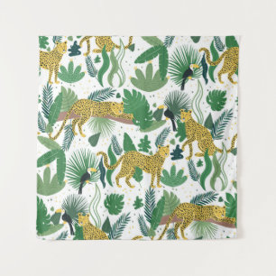 Seamless pattern of leopards in jungle. Summer tro Wandteppich