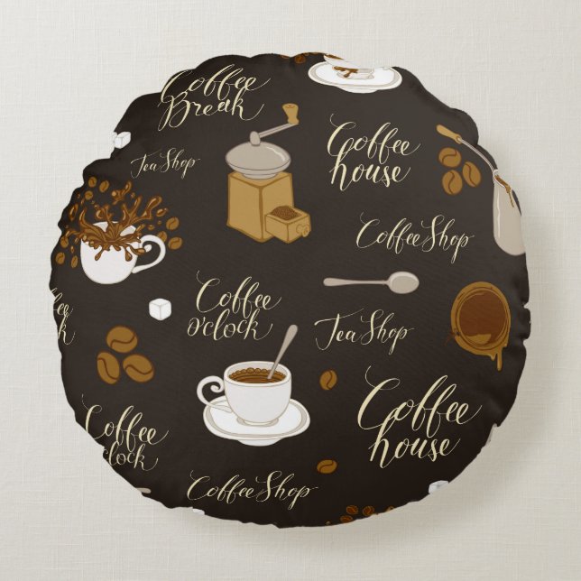 Seamless pattern on tea and coffee theme in retro  rundes kissen (Vorderseite)