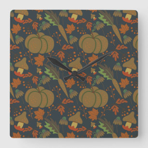 Seamless pattern Pumpkin & carrot dark background Quadratische Wanduhr