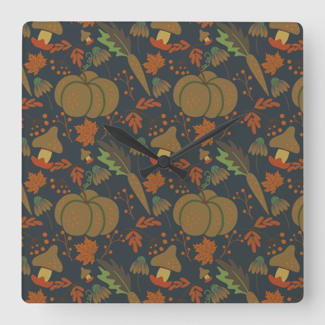 Seamless pattern Pumpkin & carrot dark background Quadratische Wanduhr (Vorderseite)