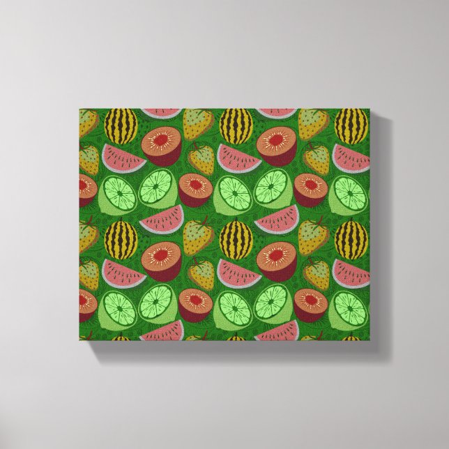 Seamless pattern tropical fruit & green background leinwanddruck (Vorderseite)