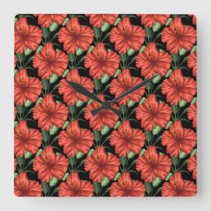 Seamless pattern Tropical red flowers green leaves Quadratische Wanduhr