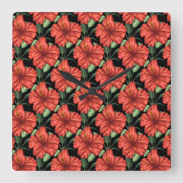 Seamless pattern Tropical red flowers green leaves Quadratische Wanduhr (Vorderseite)