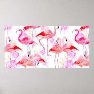 Seamless pattern watercolor roses with pink flamin poster