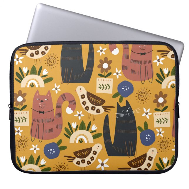 Seamless pattern with cute cats and bird. laptopschutzhülle (Vorderseite)