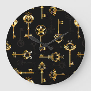 Seamless Pattern with Golden Keys Große Wanduhr