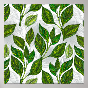 Seamless Pattern with Green Tea Leaves Poster