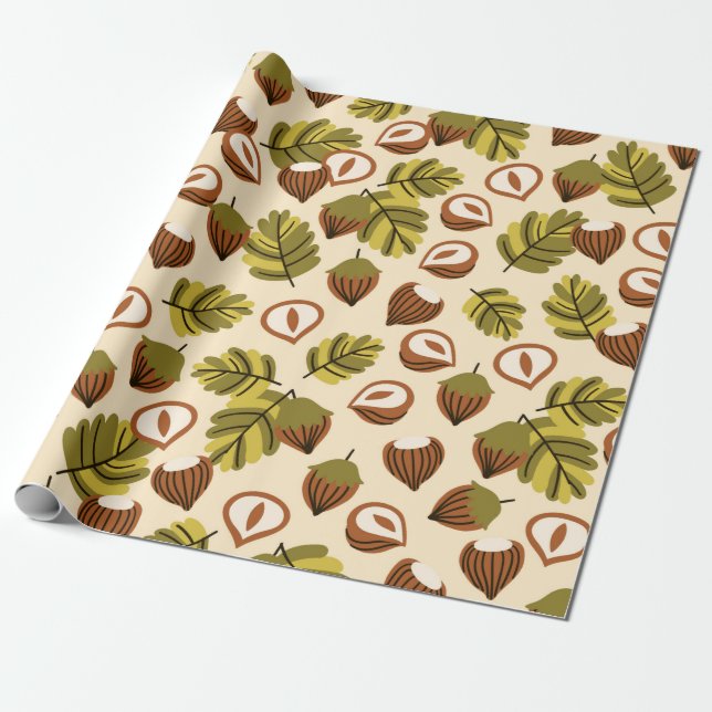 Seamless pattern with hazelnut leaves and acorns. geschenkpapier (Ungerollt)