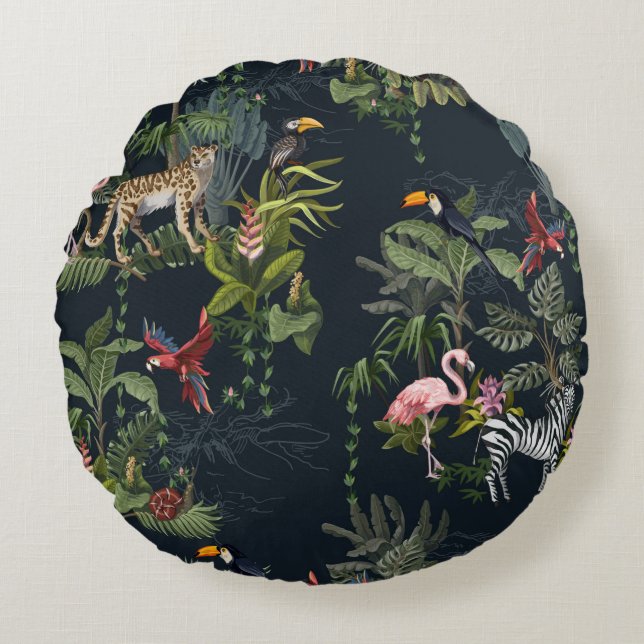 Seamless pattern with jungle animals, flowers and  rundes kissen (Vorderseite)