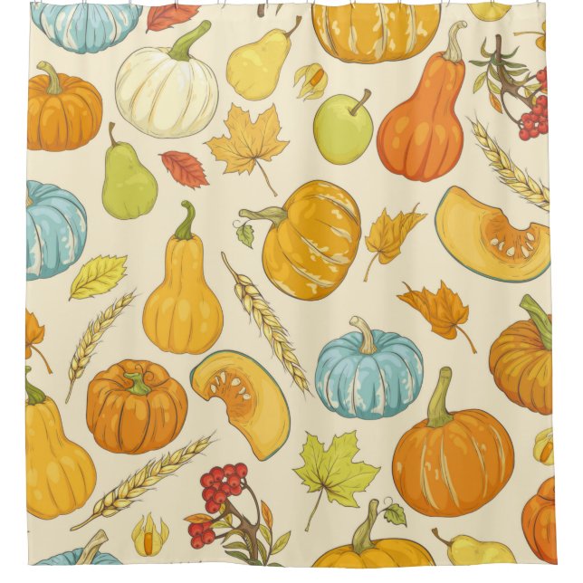 Seamless pattern with pumpkins, autumn leaves, app duschvorhang (Vorderseite)