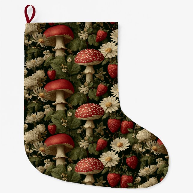 Seamless Pattern with Red Fly Agaric and Flowers Großer Weihnachtsstrumpf (Vorderseite)