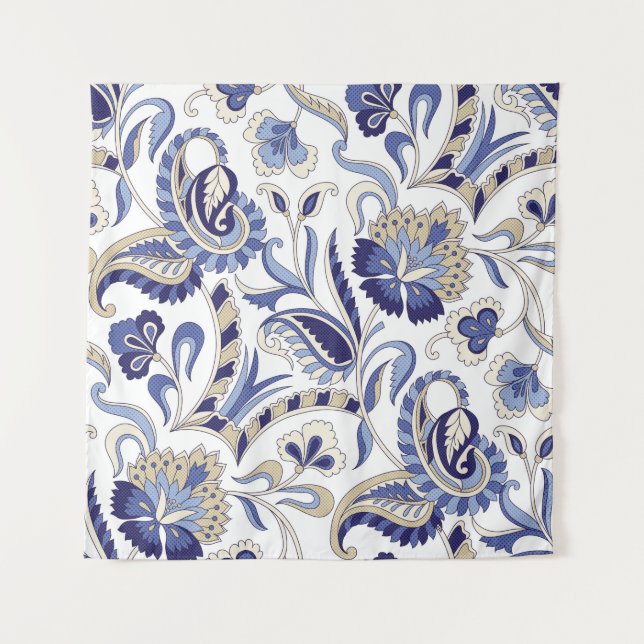 Seamless traditional Indian blue paisley patternpa Wandteppich (Vorderseite)