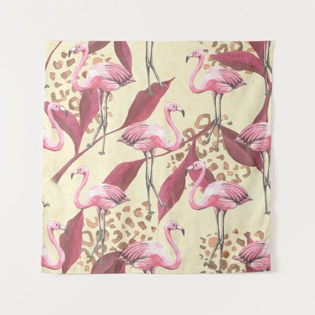 Seamless tropical pattern with pink flamingo, leav wandteppich (Vorderseite)
