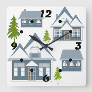 Seamless Winter Frohe Weihnachtslandschaft grau ho Quadratische Wanduhr
