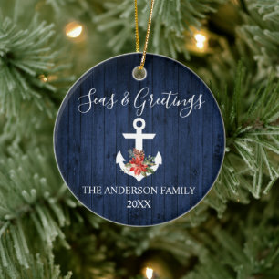 Seas and Greetings Blue Wood Poinsettia Anchor Keramik Ornament